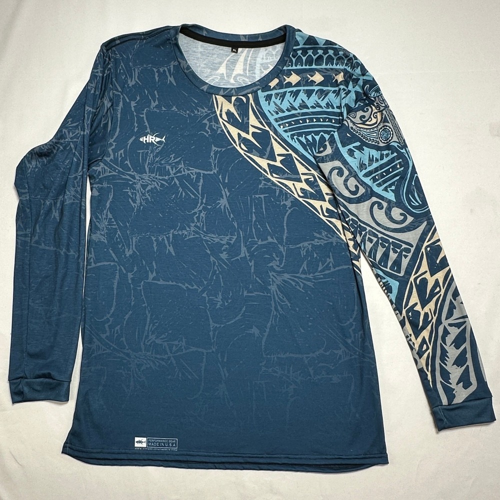 Apparel by Home Run Mens XL Blue Tribal Stingray‎ Performance Fishing Shirt USA